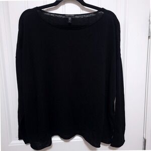 EILEEN‎ FISHER Black Organic Cotton Linen Long Sleeve Boat Neck Top L G